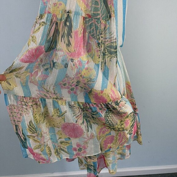Rococo Sand Lily Drawstring Tassel Tie Floral Mini Dress Bell Sleeves Size Small - Picture 6 of 16